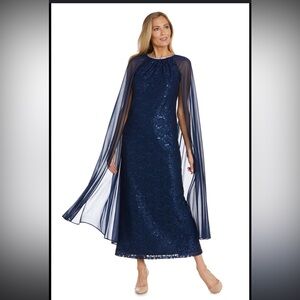 NWT Long Sequin Lace Dress with Chiffon Cape and Rhinestone Neckline Sz 16